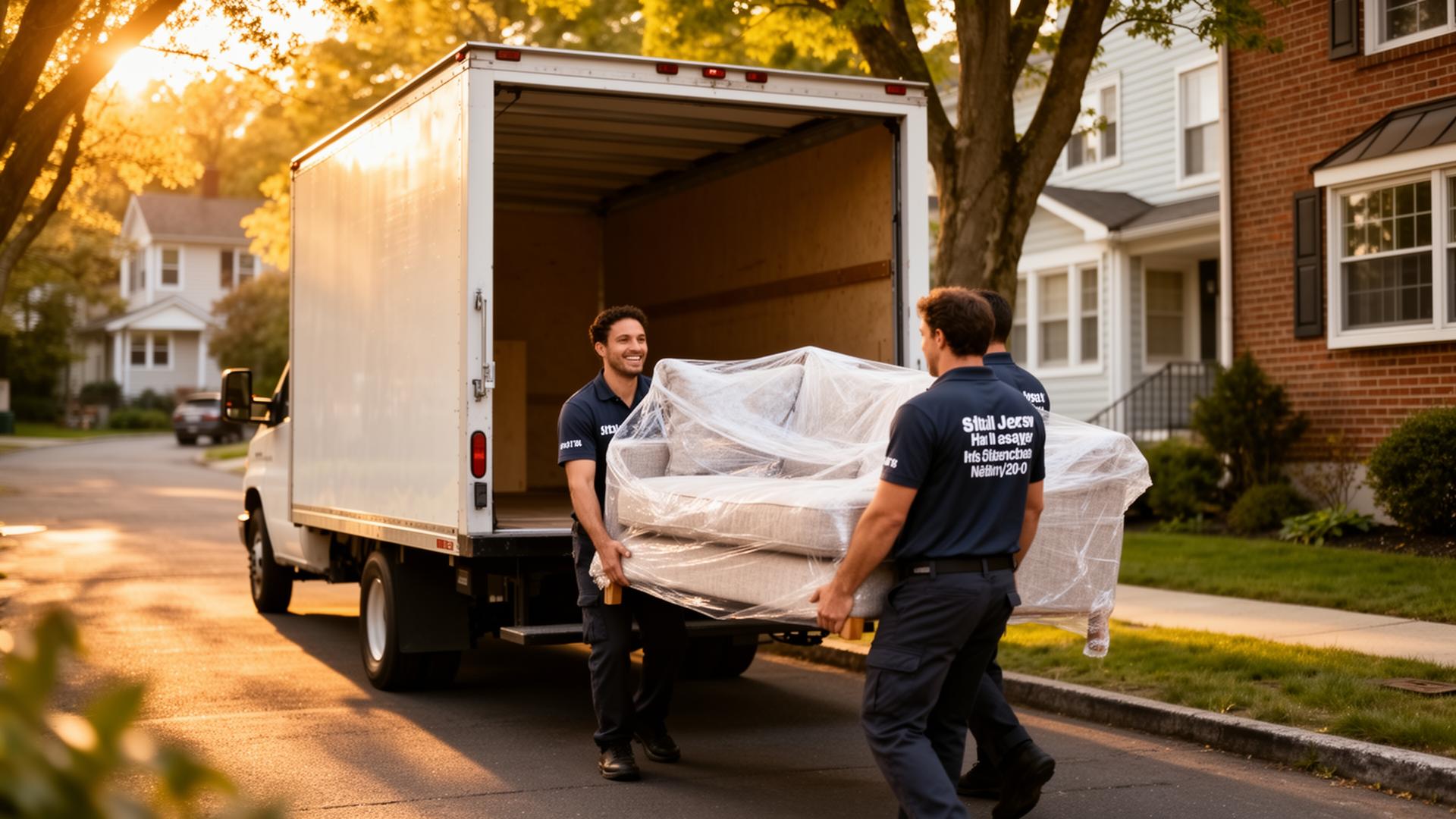 A-One Reliable movers loading a wrapped sofa into a moving truck on a suburban street